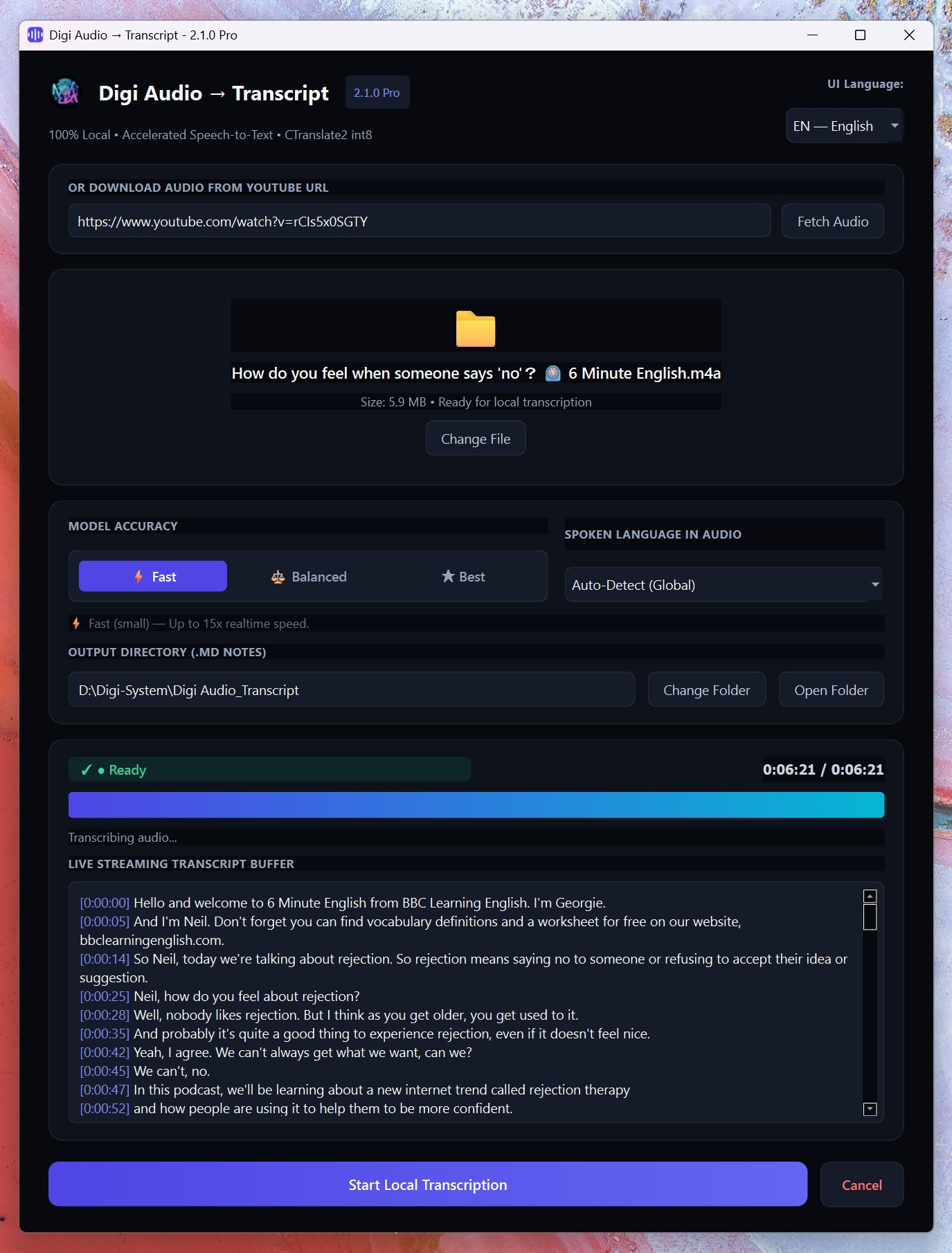 Digi Audio Transcript Pro Desktop UI